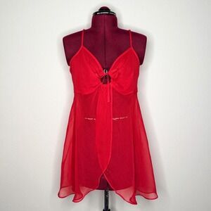 Vintage 90's Victoria's Secret Sheer Red  Lingerie Dress Boudoir Keyhole Bow L